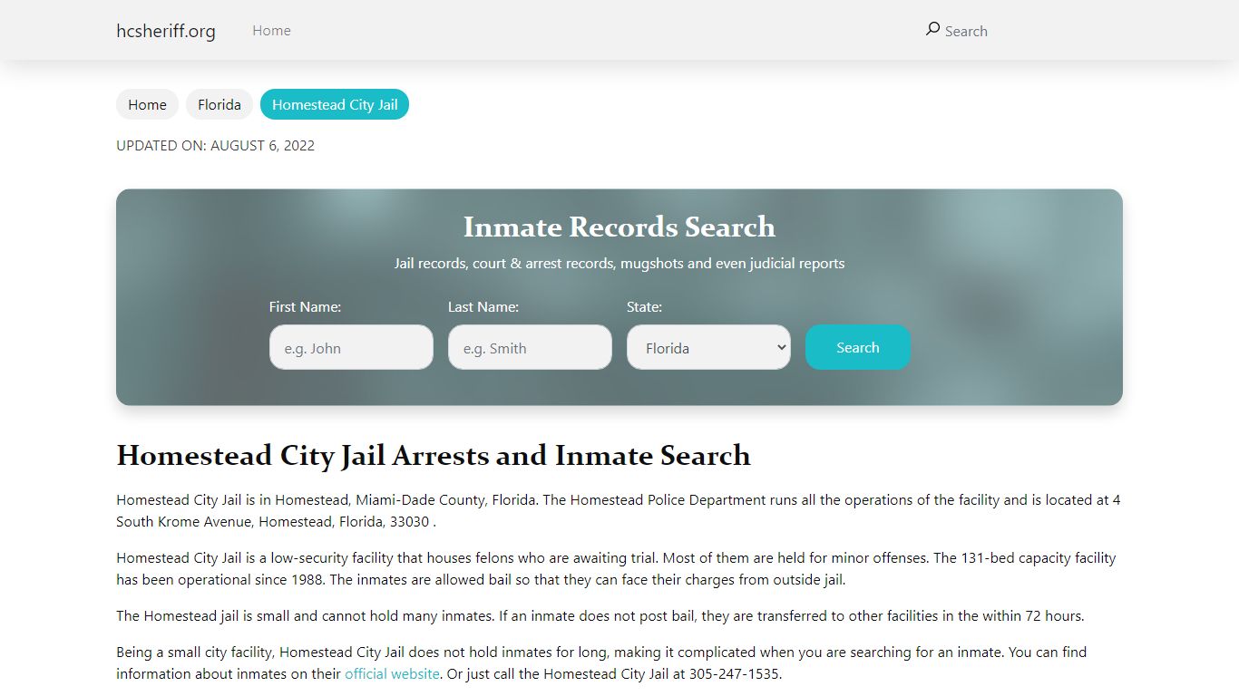 Homestead City Jail Arrests and Inmate Search