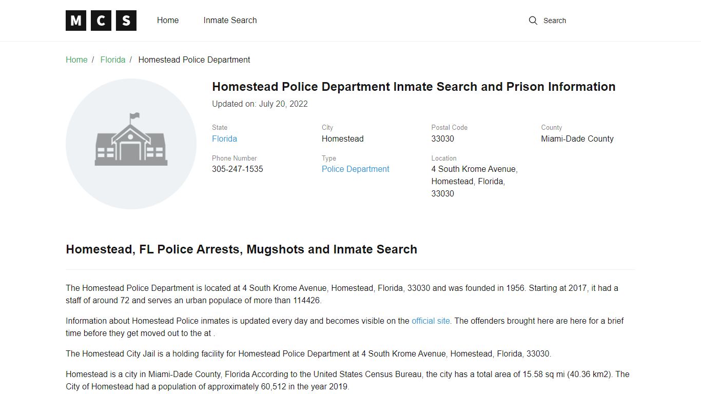 Homestead Police Department Inmate Search and Prison Information